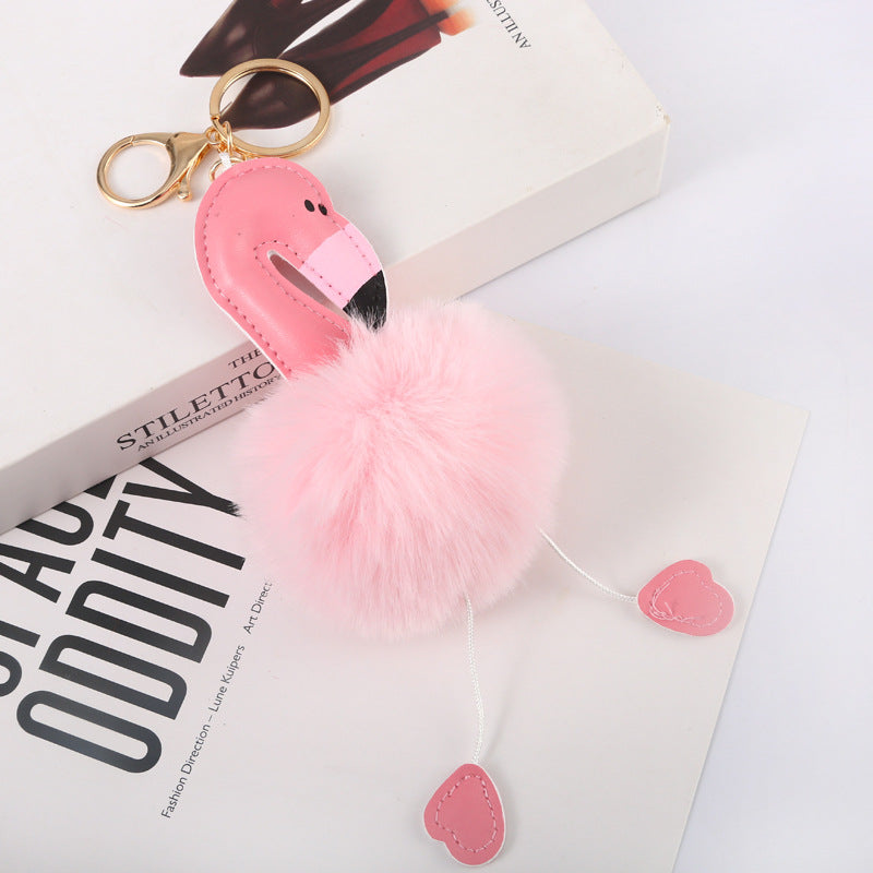 cartoon style flamingo pu leather alloy plush plating bag pendant keychain