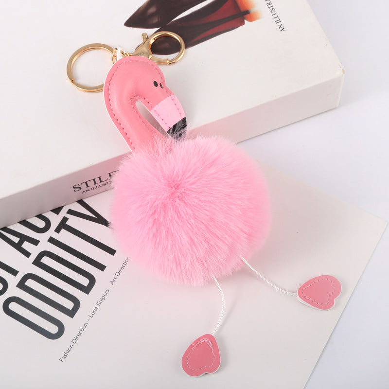 cartoon style flamingo pu leather alloy plush plating bag pendant keychain