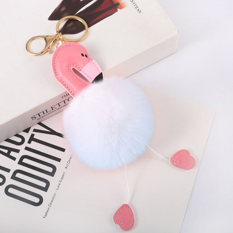 cartoon style flamingo pu leather alloy plush plating bag pendant keychain