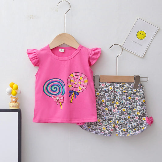 casual candy flower printing cotton girls clothing sets