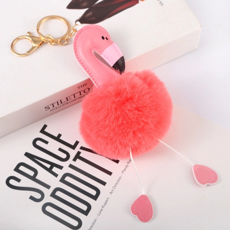 cartoon style flamingo pu leather alloy plush plating bag pendant keychain