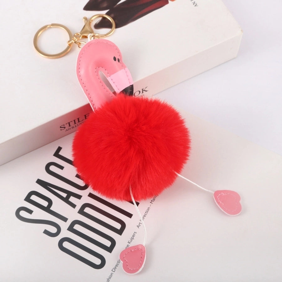 cartoon style flamingo pu leather alloy plush plating bag pendant keychain