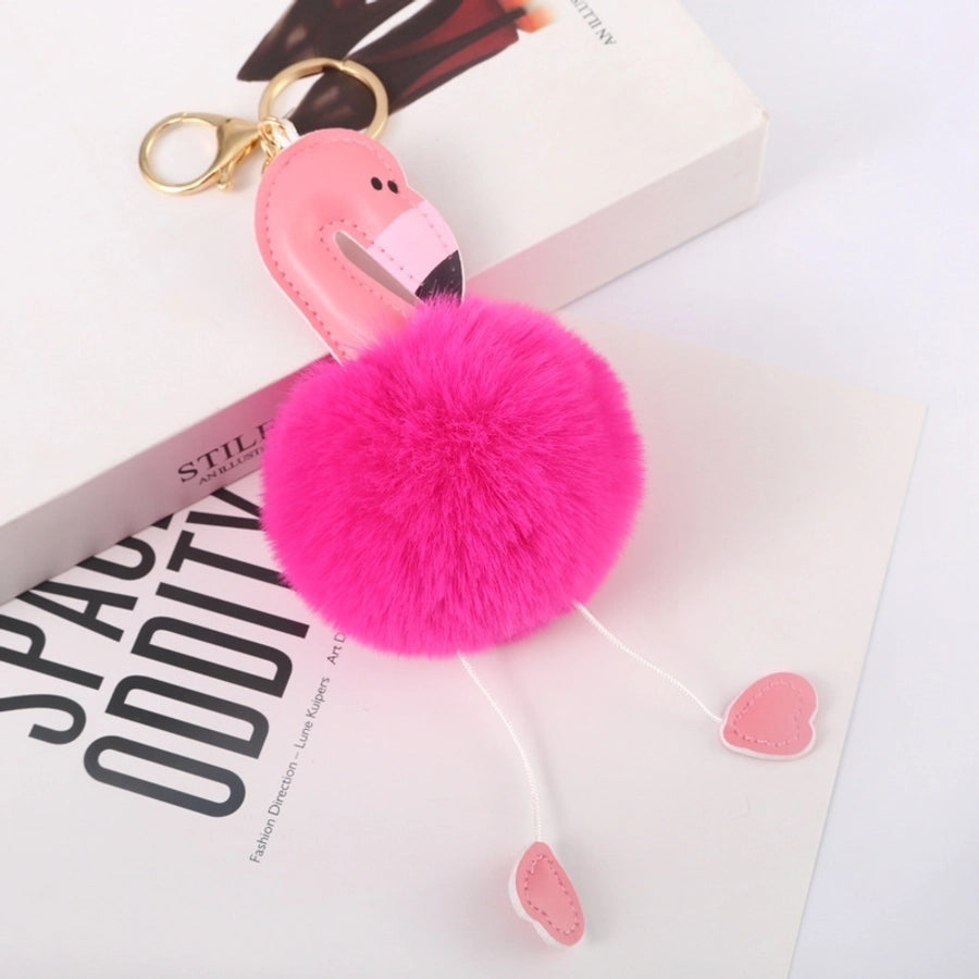 cartoon style flamingo pu leather alloy plush plating bag pendant keychain