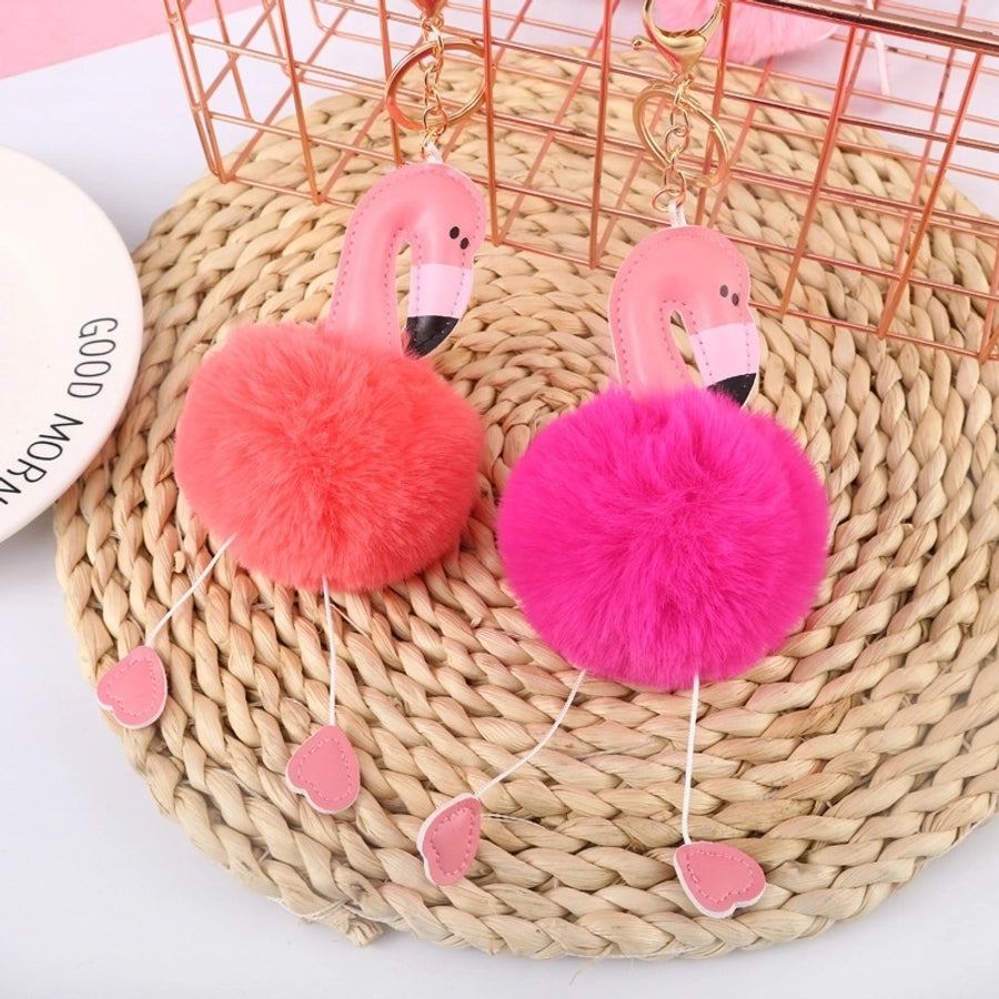 cartoon style flamingo pu leather alloy plush plating bag pendant keychain